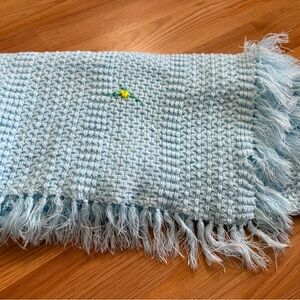 Light Blue Hand Knit Baby Blanket with Fringe
